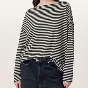 All Saints Rita Relaxed Fit Striped T-Shirt Size Small Black White Boat Neck